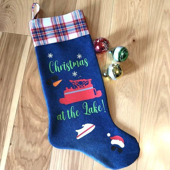 Denim Christmas Stocking: Lake House Christmas Decor, Pontoon Boating Fishing - Picture 2 of 8
